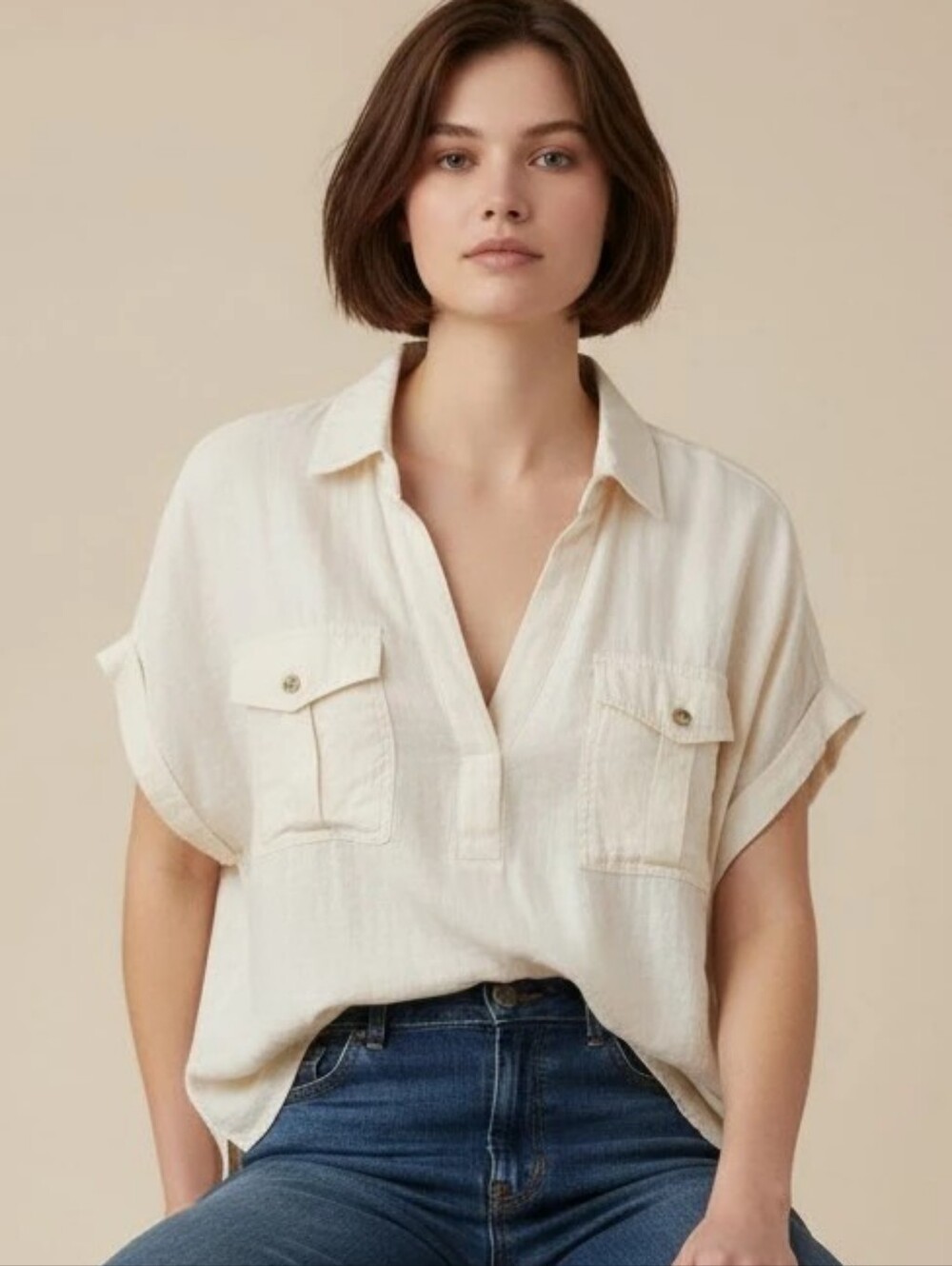 Nicole Miller Cream 100% Linen Top